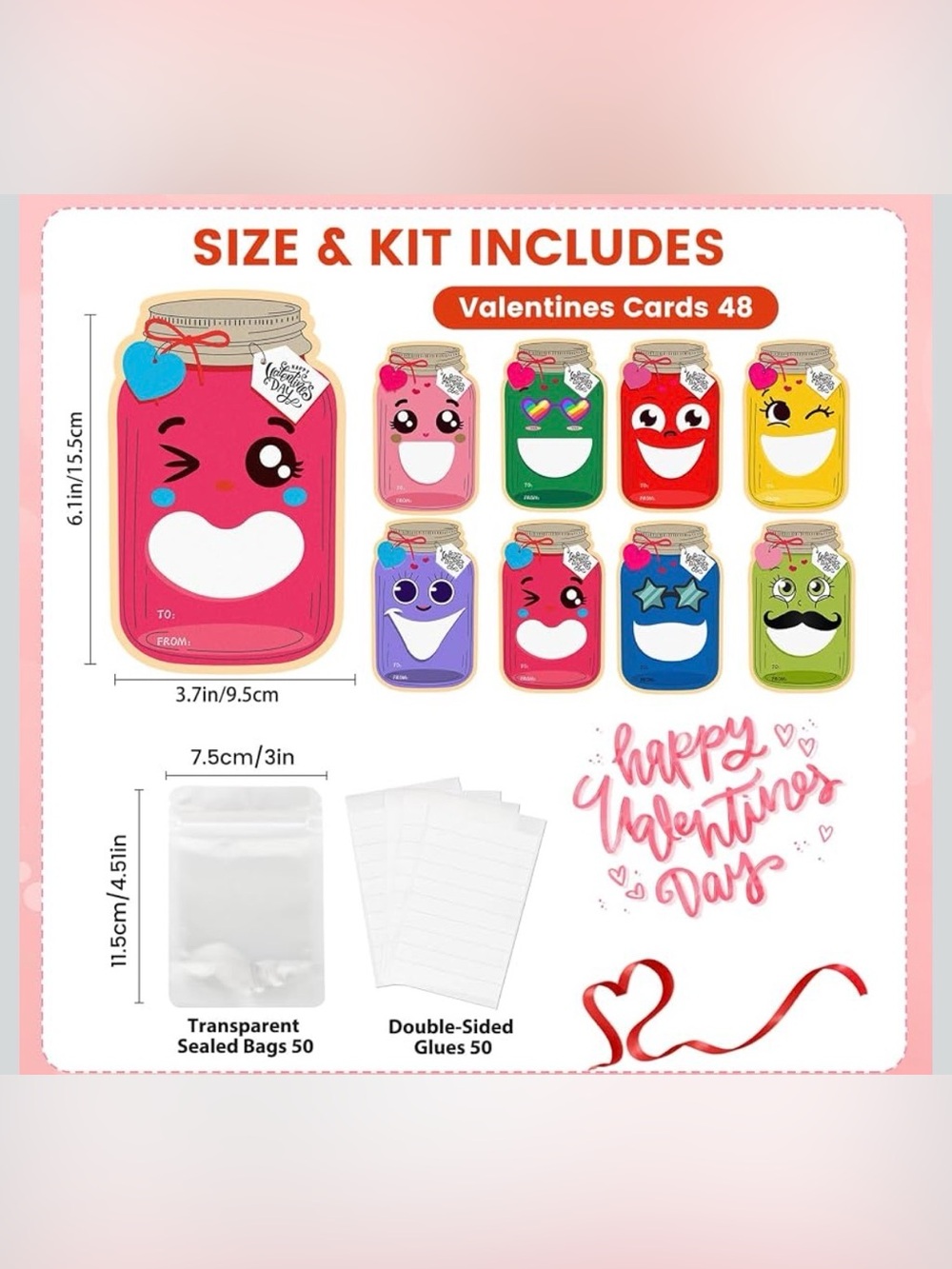 NWT 48 Pack Funny Face Mason Jar Valentine Cards with Treat Bags